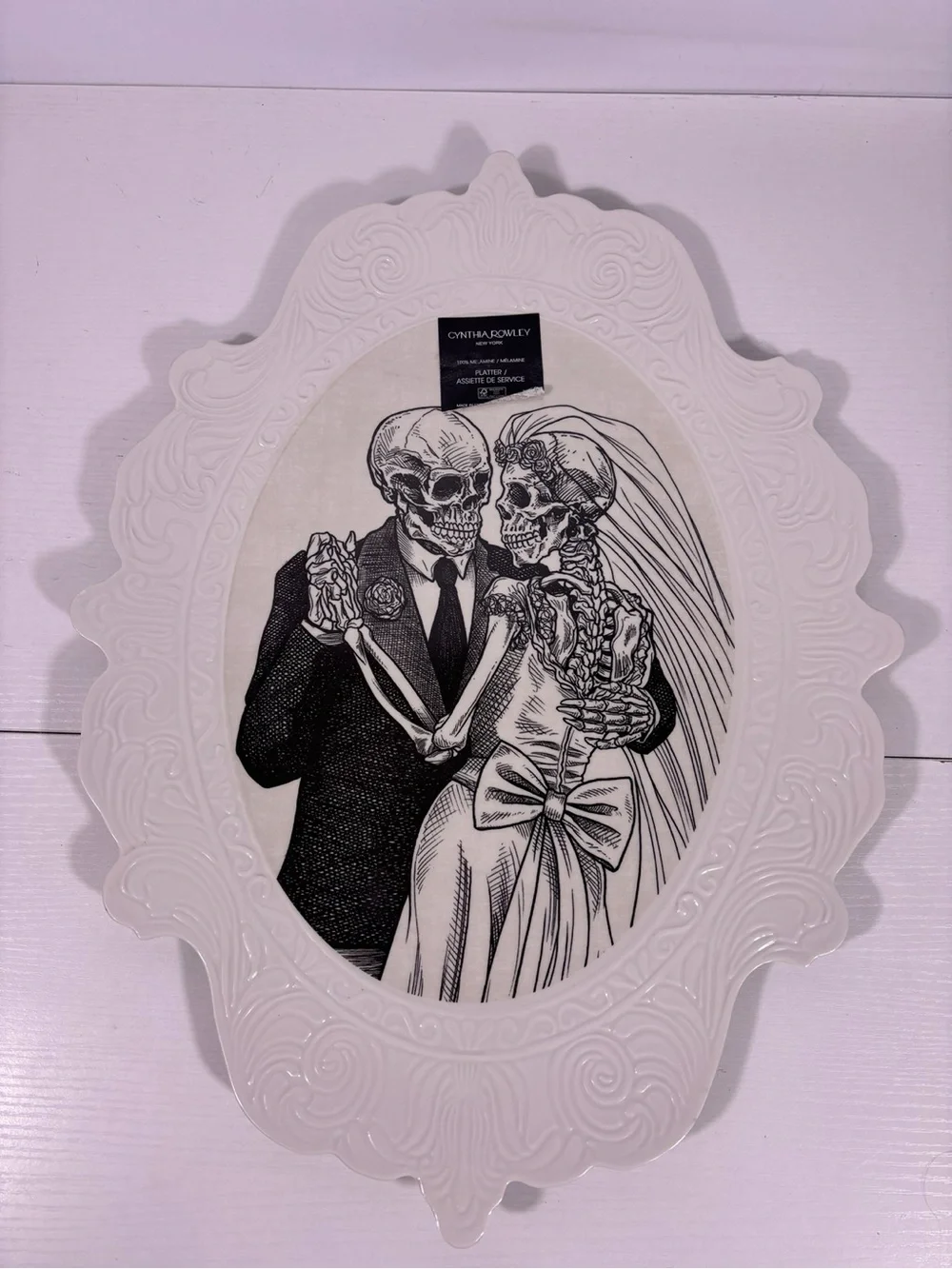 NWT Cynthia Rowley Skeleton Bride Groom Halloween Platter Gothic Wedding 20”